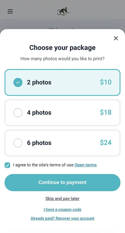 Choose your package screen with 2, 4 and 6 photo options