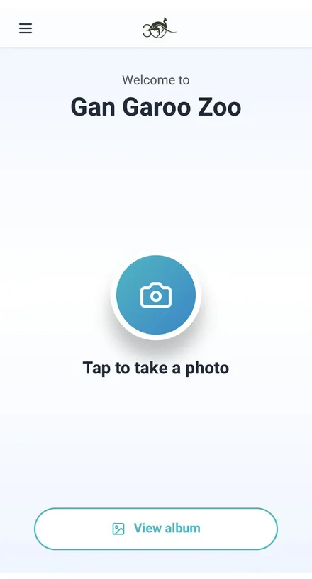 Welcome to Gan Garoo Zoo screen with a Tap to take a photo button