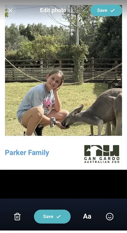 Edit photo screen: the visitor's photo inside the Gan Garoo frame, captioned Parker Family